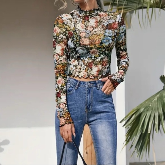 Floral Mesh Long Sleeve Sheer Tops Multiple Sizes - Picture 4 of 8